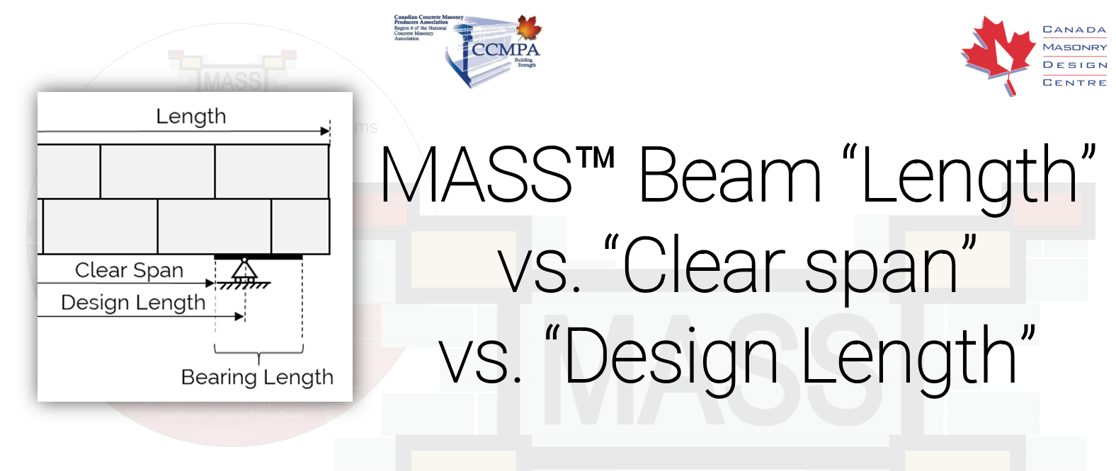 What is the difference between the length, clear span, bearing length, and design length of a masonry beam in MASS?